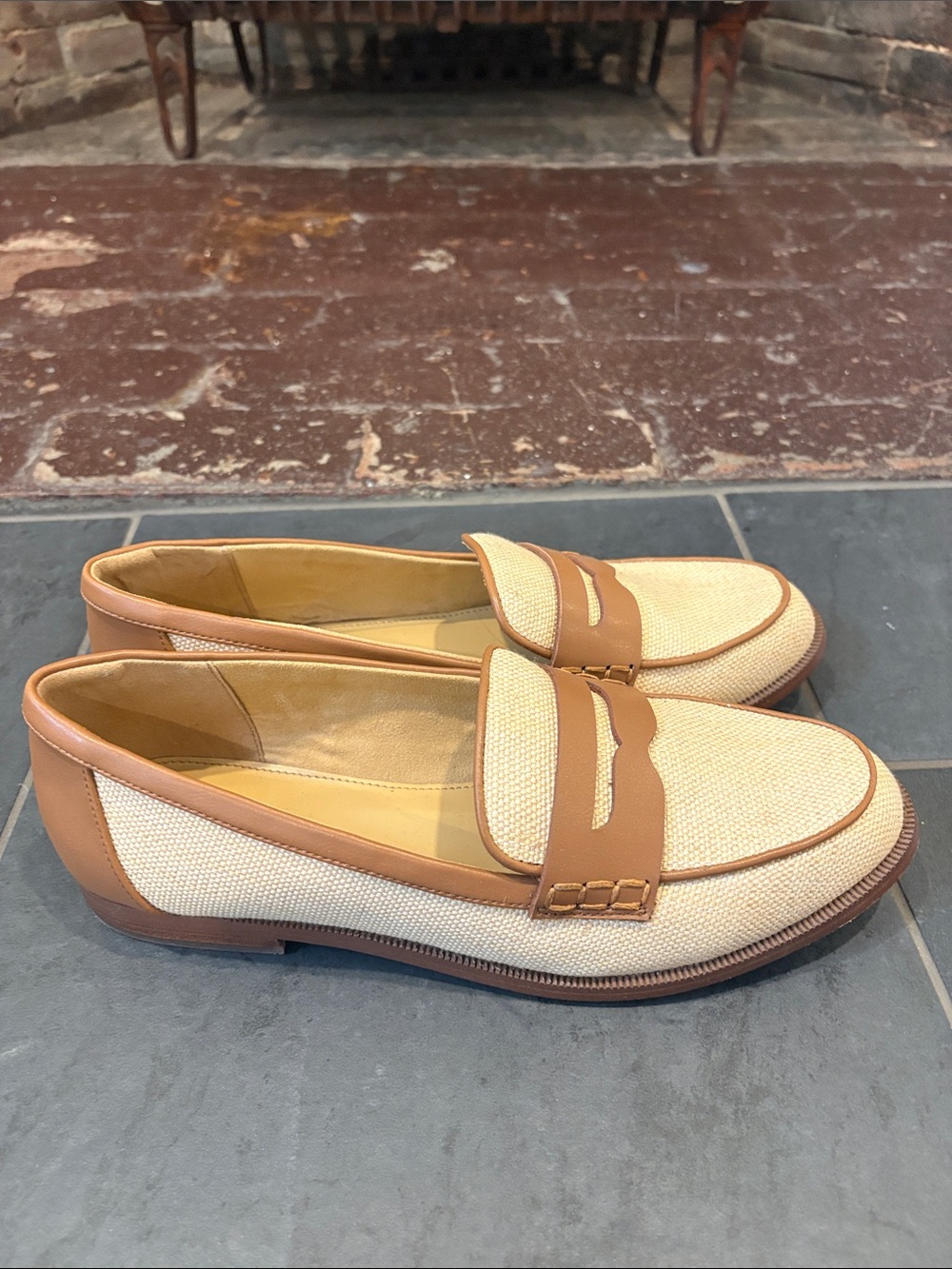 J. Crew Beige and Tan Canvas Penny Loafers